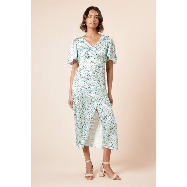Womens V Neck Angel Sleeve Midi Dress - Blue - 18