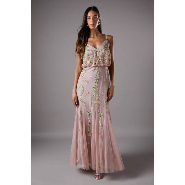 Embroidered Maxi Dress With Godet Detail - Nude - 16