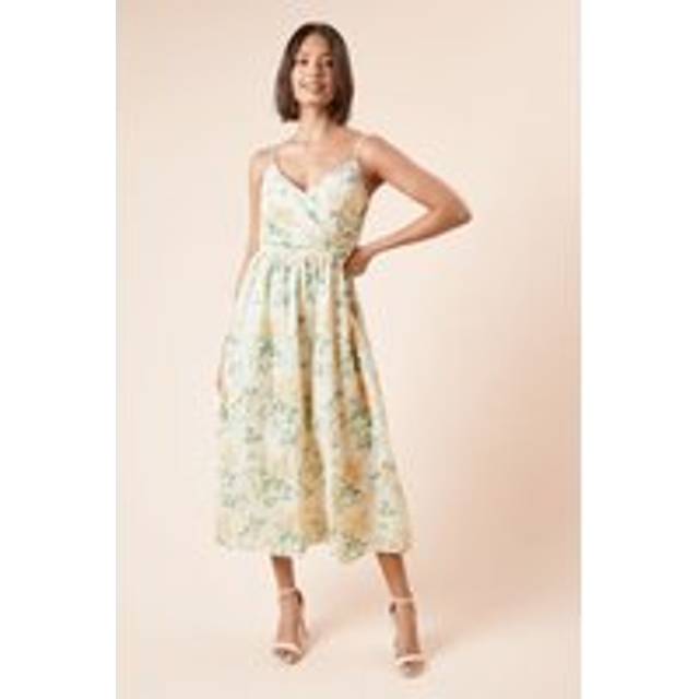 Womens Cutwork Broderie Ball Strap Detail Wrap Midi Dress - Lemon - 14