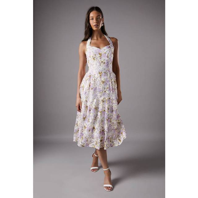Printed Lace Halter Neck Midi Dress - White - 18