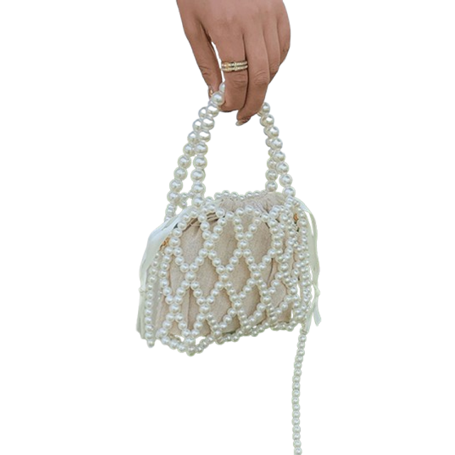 SHEIN Vintage French Style Woven Beaded Bucket Tote Bag, Hollow Pearl Design Summer Handbag