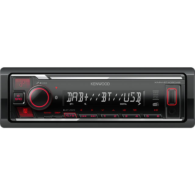Kenwood KMM-BT408DAB – USB-bilradio med DAB och Bluetooth handsfree-enhet (ljusprocessor, USB, AUX, 1 x för-out 2,5 V, 4 x 50 watt, knappbelysning röd, inkl. DAB antenn)