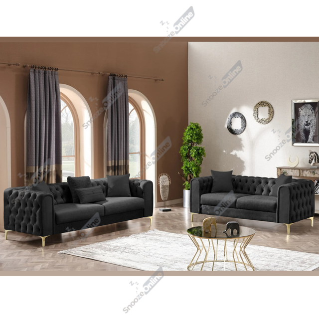 (Black Velvet, Fabric Swatch) Plush Velvet Chesterfield Sofas & Couches Stylish 3+2 Seater Sofa Set, Armchair For Living Room
