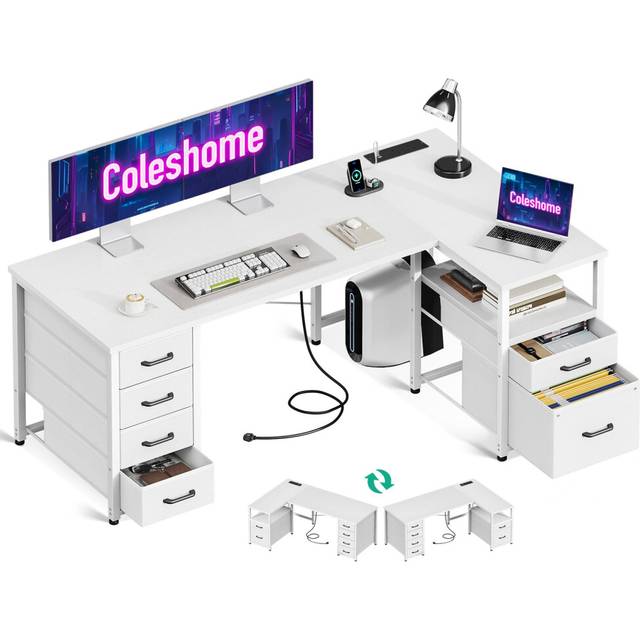 Coleshome 140cm Computer Corner Desk with 1 Filing Cabinet and 5 Fabric Drawers, L Shaped Office Desks with Power Outlet, White PC Table with Storage,