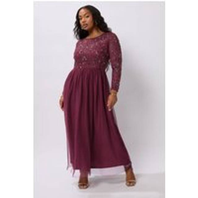 Luxe Curve Burgundy Red Sequin Floral Hand Embellished Maxi Dress, Women's Curve & Plus Size, Luxe: Ultimate Embellishment - 22