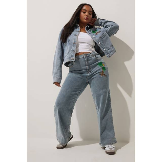 Limited Collection Curve Blue Denim Palm Tree Embroidered Jeans, Women's Curve & Plus Size, Limited Collection - 22-24
