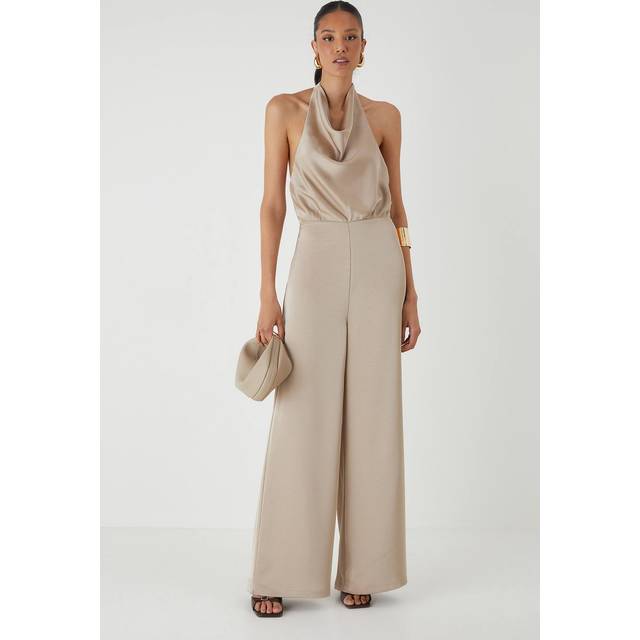 Womens Satin Cowl Neck Wide Leg Jumpsuit - Brown - 16