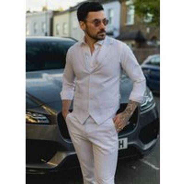 Men's Summer 2 Piece Suit Linen Formal Waistcoat Trousers - Grey - 42R