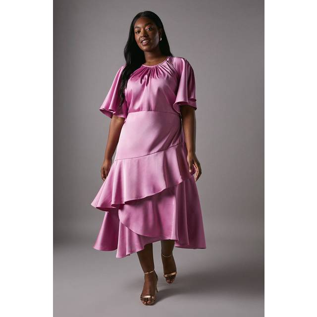 Plus Cut Out Sleeve Satin Midi Dress - Pink - 24