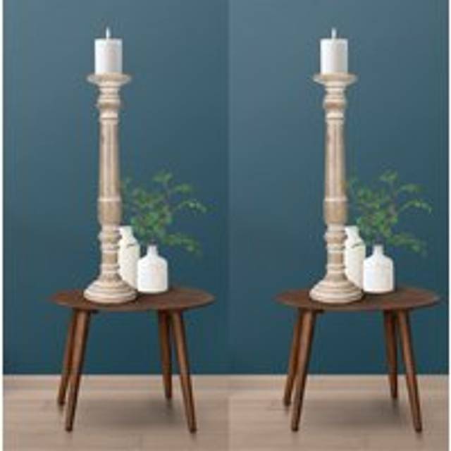 SET OF 2 Rustic Antique Carved Wooden Pillar Church Candle Holder XX Large 61 cm - Natural - XXL