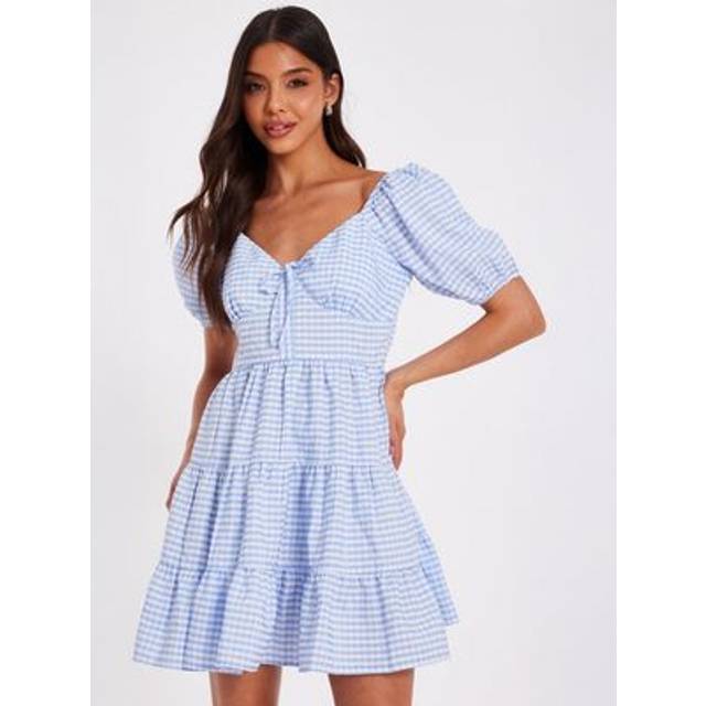 QUIZ Blue Gingham Puff Sleeve Dress - 14