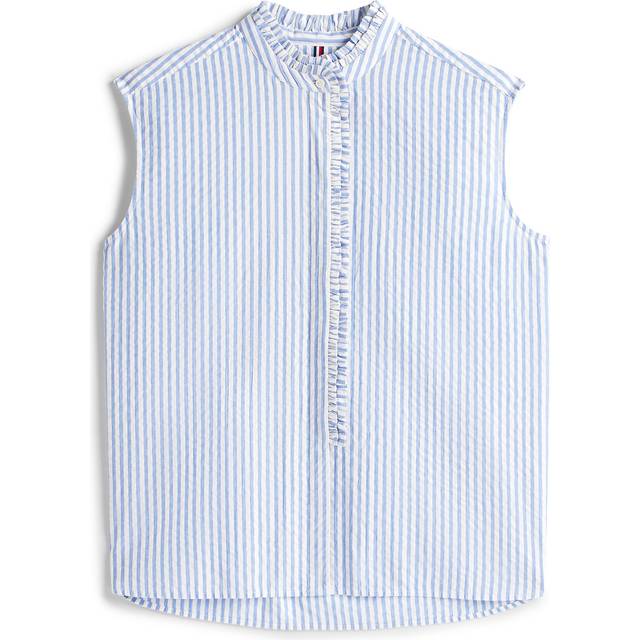 Tommy Hilfiger Seersucker Sleeveless Ruffle Shirt - Blue, Blue, Size Eu 44 = Uk 16, Women - EU 44 = UK 16