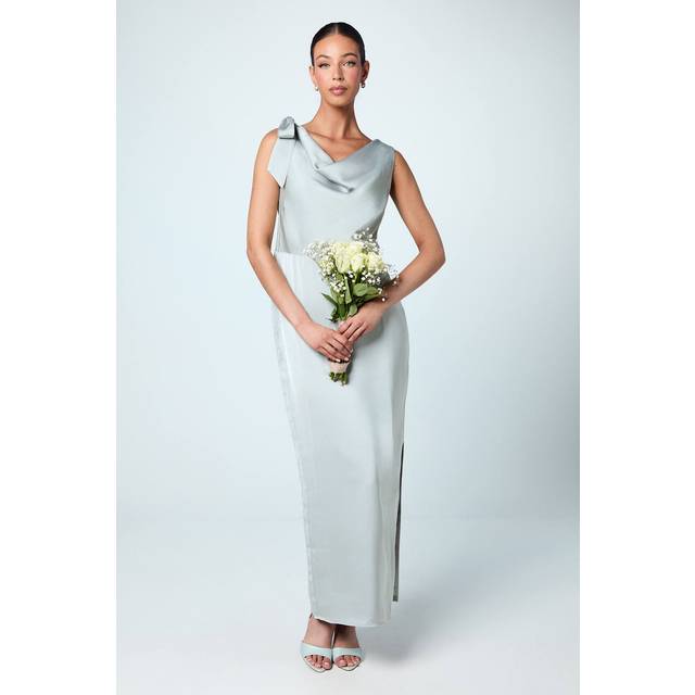 Cowl Detail Tie Shoulder Column Satin Bridesmaids Dress - Sage - 14