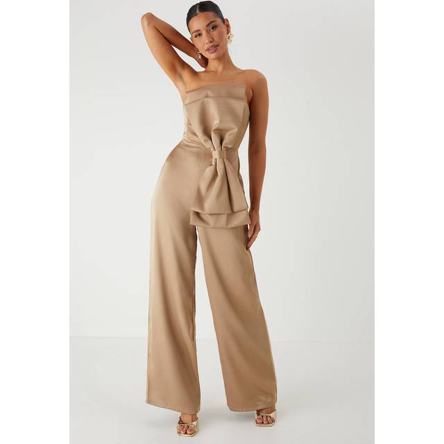 Womens Satin Bow Wide Leg Bandeau Jumpsuit - Brown - 16