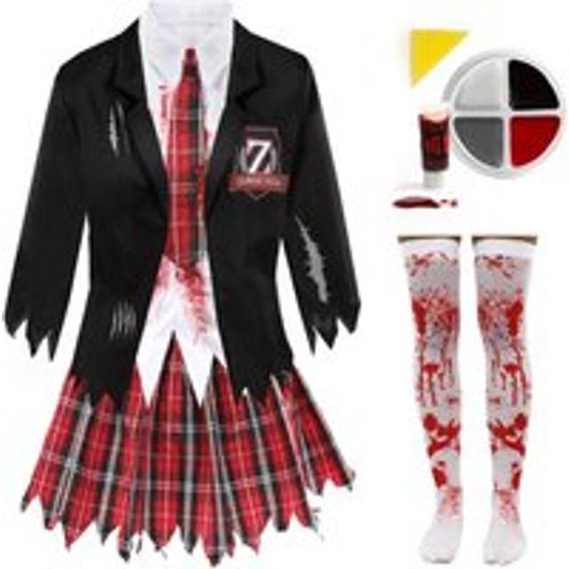 Zombie Schoolgirl Costume With Stockings, Facepaint & Blood - Multi - Medium