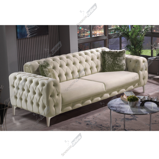 (Cream Velvet, 3+2 Seater Sofa) Luxurious Plush Velvet 2+3 Seater Sofa Set Armchair Elegant Deep Button Tufting Sturdy Metal Legs Modern Living Room F