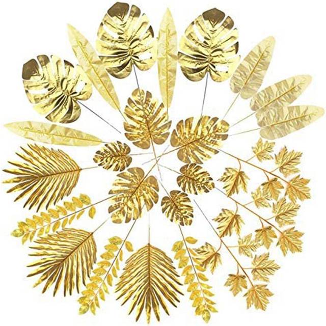 24Pcs Artificial Leaves Gold Palm Golden Tropical Plants for Wedding Home DIY Decorations Supplies
