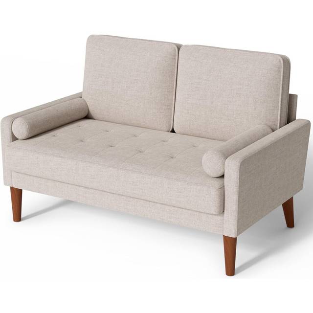 (Beige) 2 Seater Small Loveseat Sofa Linen Fabric Couch