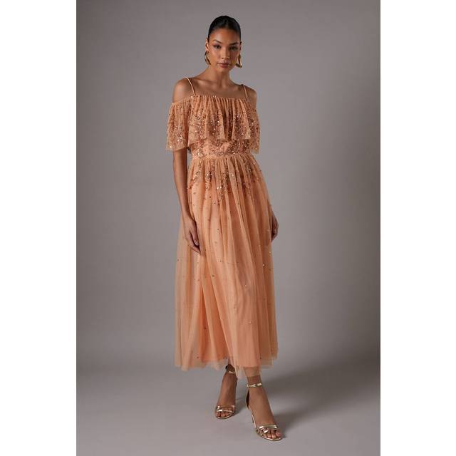 Sequin Mesh Midi Dress With Flutter Sleeves - Apricot - Orange - 8