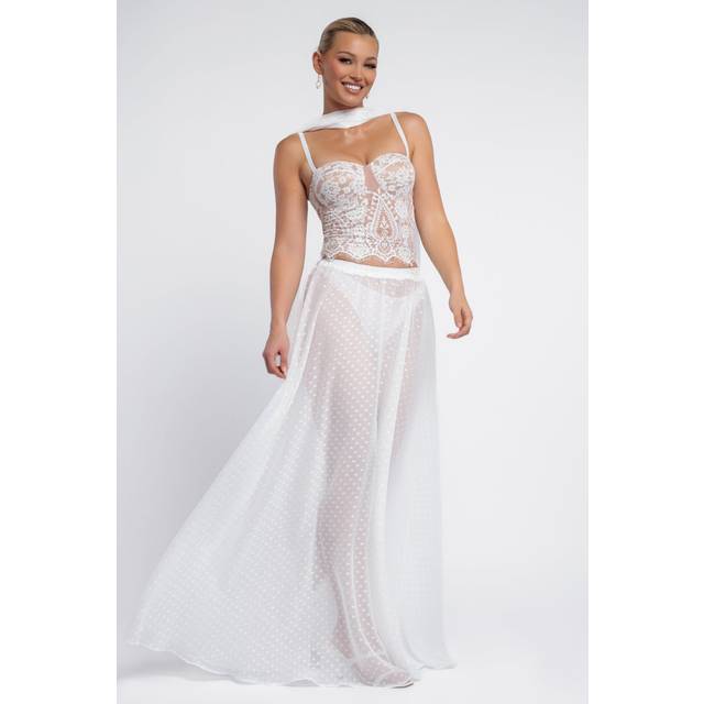 Polka Dobby Chiffon A-Line Maxi Skirt by Goddiva - Cream