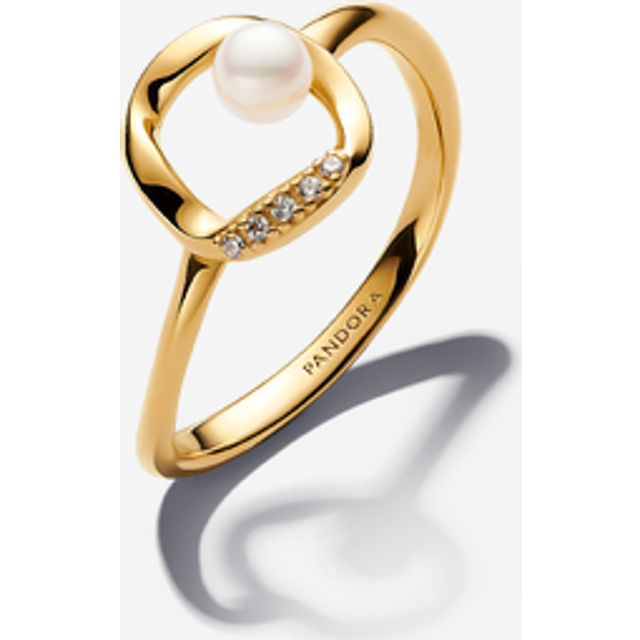 Pandora Organically Shaped Pavé Circle & Treated Freshwater Cultured Pearl Ring - 14k gold plating / Mixed stone / White - Sz. 52