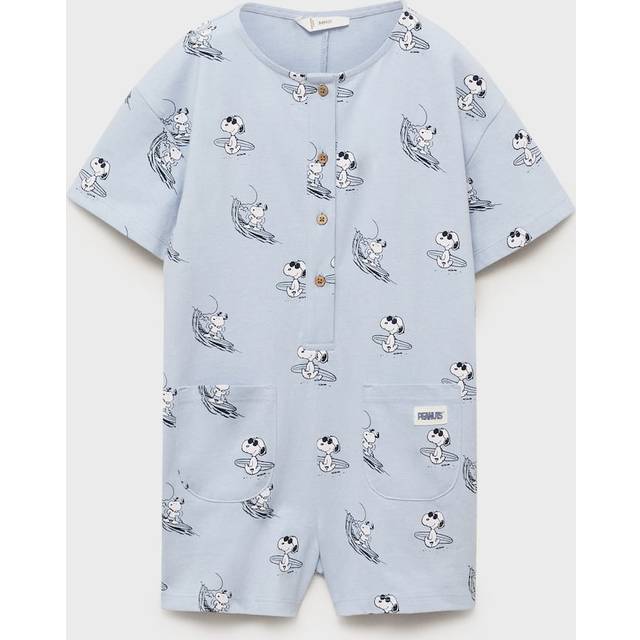 Mango Baby Cotton Short Sleeved Snoopy Print Bodysuit, Medium Blue