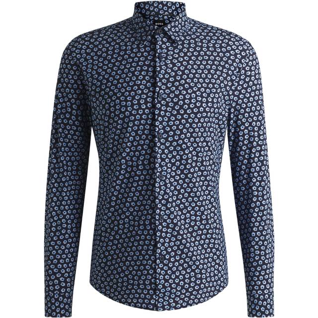 BOSS P-Roan Pattern Long Sleeve Shirt- Dark Blue, Dark Blue, Size 2Xl, Men - 2XL