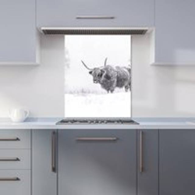 Warren Reed - Designer Snowy Black And White Highland Cow Kitchen Splashback W600Mm X H750Mm, Multi