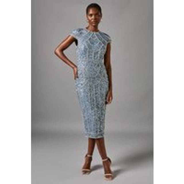 Cap Sleeve Pearl Embellished Pencil Dress - Dusty Blue - 12