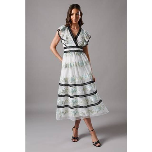 Floral Embroidered Chiffon Dress With Lace Trims - Off White - 8
