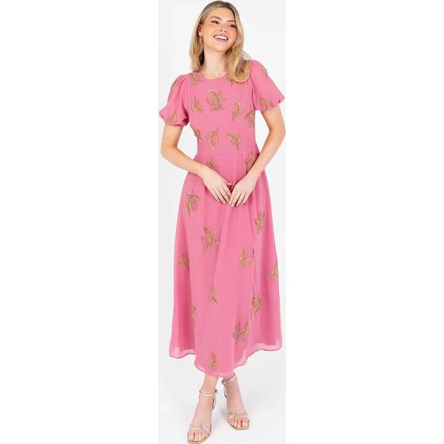 Maya Deluxe Beaded Placement Puff Sleeve Midi Dress