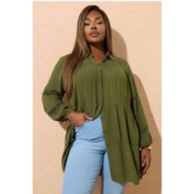 Yours Curve Khaki Green Tiered Crochet Detail Shirt, Women's Curve & Plus Size, Yours - 16