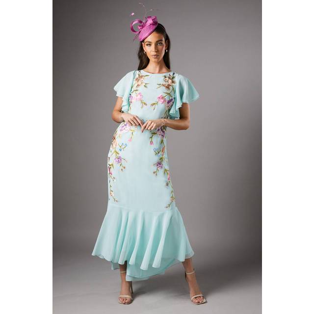 Embroidered Flutter Sleeve Midi Dress - Mint - Green - 10