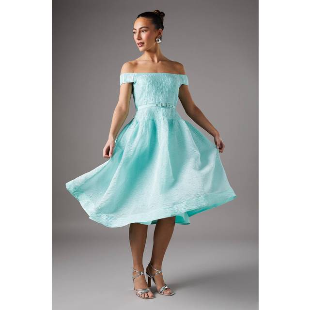 Textured Off Shoulder Prom Dress - Mint - Green - 14