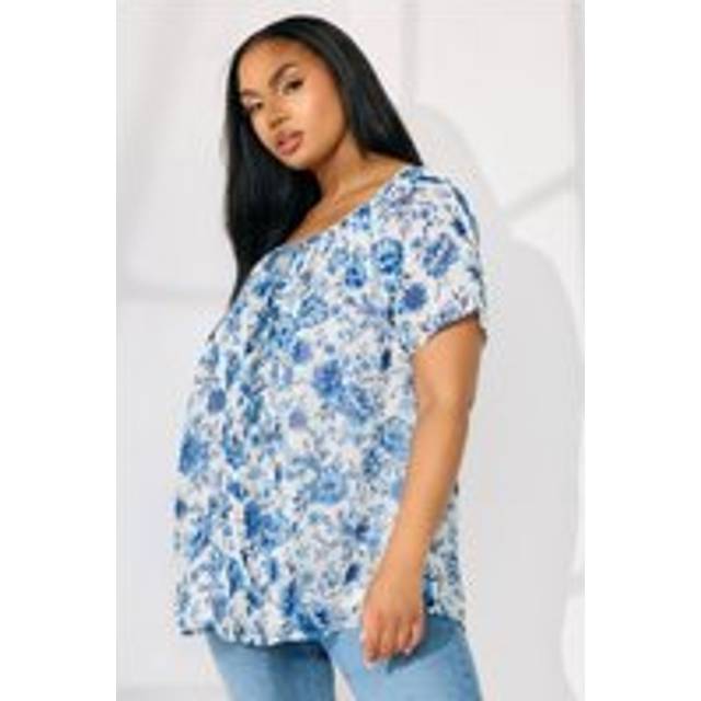 Yours Curve Blue Floral Tie Neck Pintuck Blouse, Women's Curve & Plus Size, Yours - 14