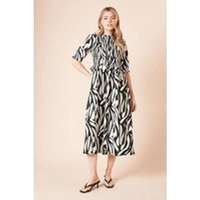 Womens Puff Sleeve Mono Printed Shirred Bodice Peplum Jersey Midi Dress - 16