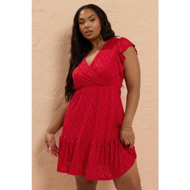 Yours Curve Red Broderie Anglaise Wrap Mini Dress, Women's Curve & Plus Size, Yours - 22-24