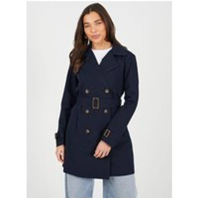 Brave Soul Double Breasted Belted Trench Coat In Navy - 10