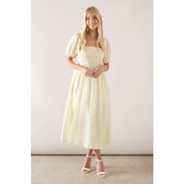 Womens Petite Linen Mix Puff Sleeve Midaxi Dress - Yellow - 14