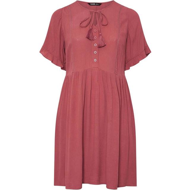 Yours Curve Pink Crochet Trim Tie Neck Mini Dress, Women's Curve & Plus Size, Yours - 26-28