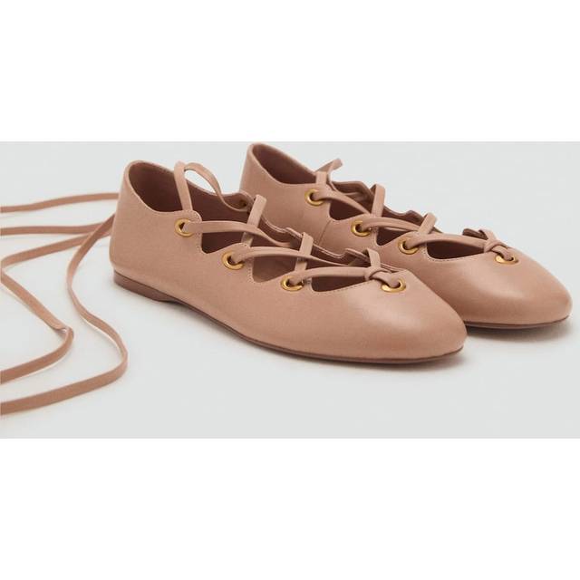 Leather ballet flats with crossed straps nude - Woman - 2 - MANGO - Nude