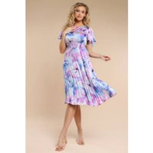 Flutter Sleeve Pleated Skirt Floral Midi Dress - Blue by Goddiva - 8