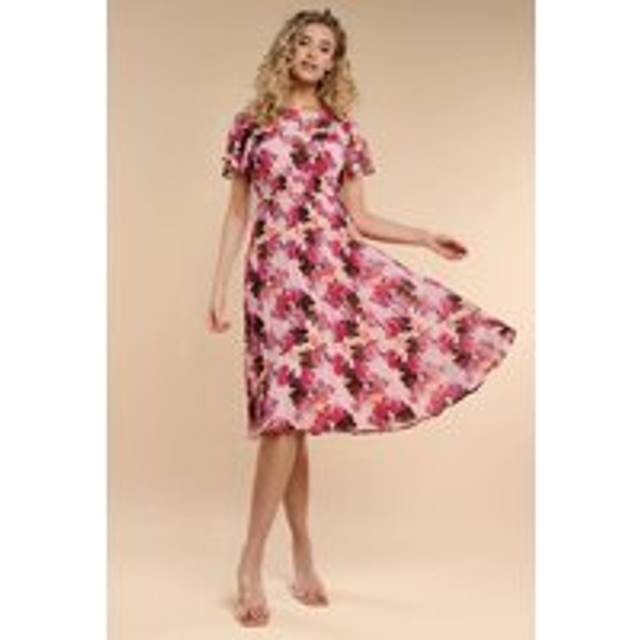 Flutter Sleeve Pleated Skirt Floral Midi Dress - Pink by Goddiva - 12