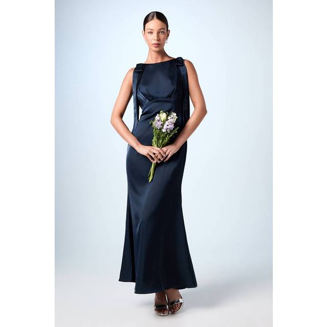 Coast Honoured Petite Sleeveless High Neck Tie Shoulder Satin Maxi Bridesmaid Dress - Navy - 8
