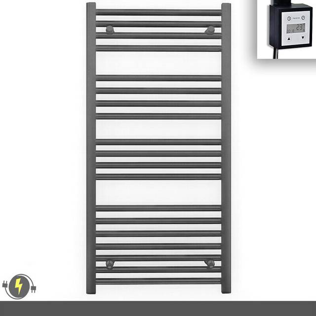 (550 x 1000 (BTU: 1766), With KTX3 Thermostatic Element + Timer) 550mm Wide Anthracite Grey Electric Towel Rail With Thermostatic Element