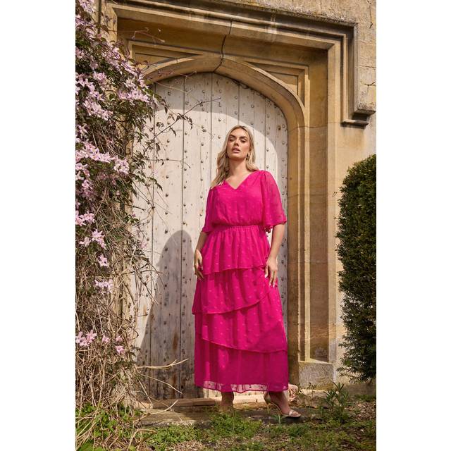 Yours Curve Bright Pink Dobby Frill Maxi Dress, Women's Curve & Plus Size, Yours - 20