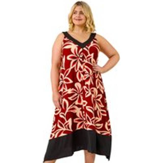 Floral Print V-Neck Dress - Red - 26-28