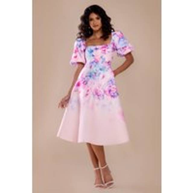 Printed Scuba Square Neck Puff Sleeve Midi Dress - Blush Pink by Goddiva - 12