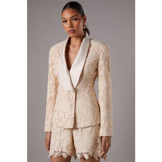 Lace Double Breasted Blazer With Satin Lapel - Champagne - 12