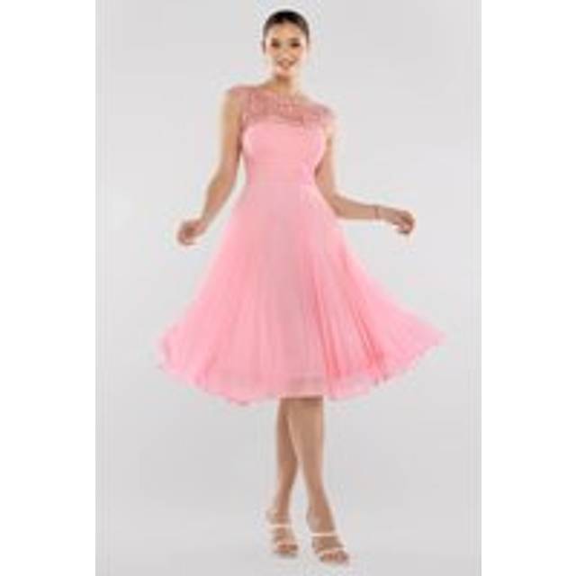 Crochet & Pleated Top Midi Dress - Blush Pink by Goddiva - 18